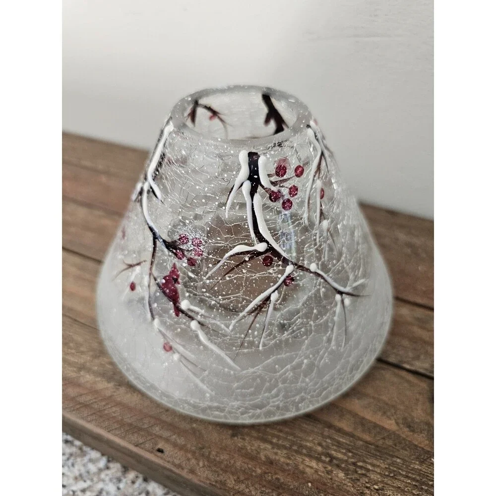 Yankee Candle Winter Branches Candle Shade Crackle Glass Berries Cardinal New